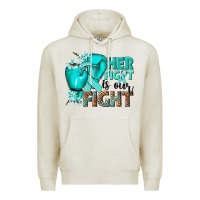 Oatmeal Heather Her fight is our fight Ovarian Cancer teal ribbon Premium Hoodie - NancyCooperArtShop