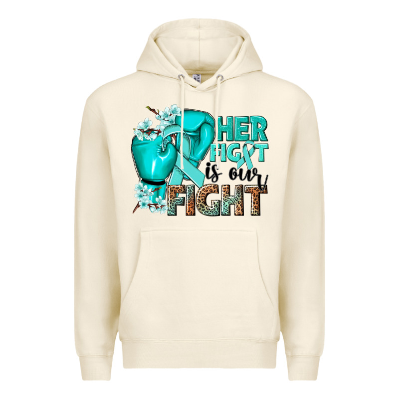 Her Fight Is Our Fight Ovarian Cancer Teal Ribbon Premium Hoodie by NancyCooperArtShop | Teevron