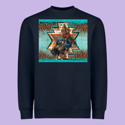 Western Rodeo Bullfighter Aztec Leopard Turquoise Heavyweight Sweatshirt Designed By Barkaloodesign