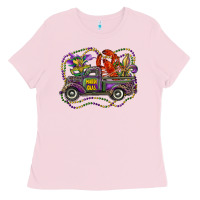 Bubblegum Pink mardi gras truck with mask fleur de lis and crawfish Ladies Tee - RanaPortraitStore