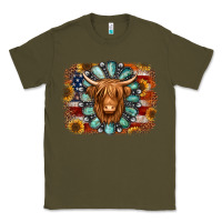 Army Green american flag sunflowers highland cow turquoise background Classic Tee - Jasminsmagicworld
