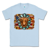 Dusty Blue american flag sunflowers highland cow turquoise background Classic Tee - Jasminsmagicworld