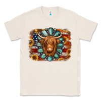 Natural american flag sunflowers highland cow turquoise background Classic Tee - Jasminsmagicworld