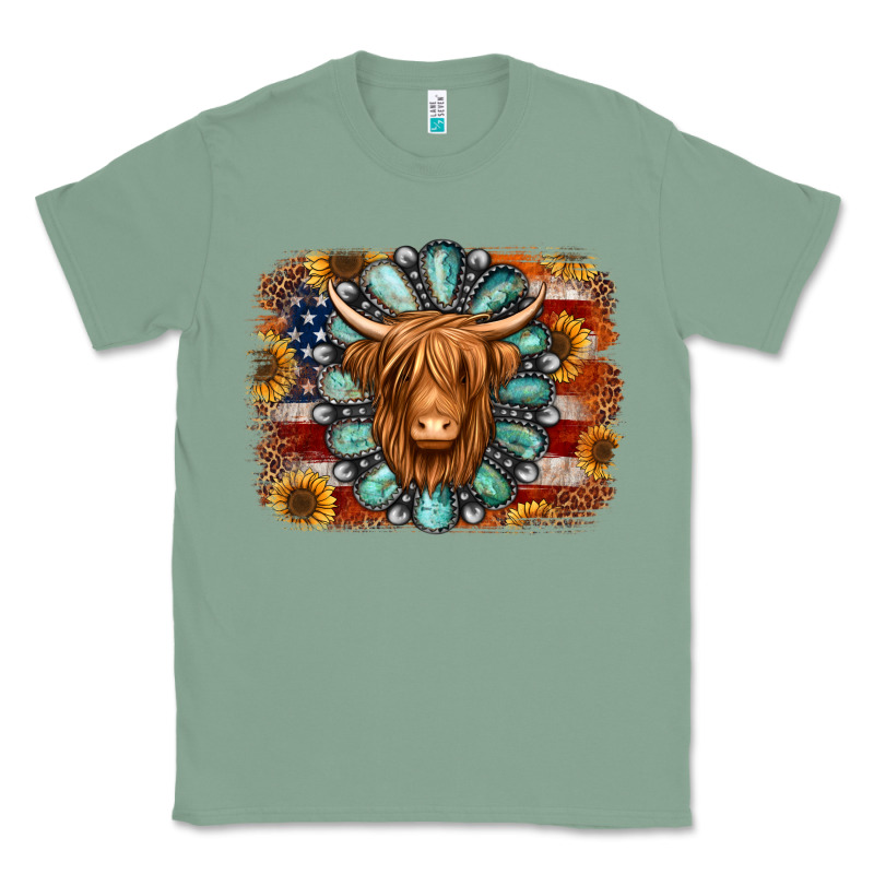 American Flag Sunflowers Highland Cow Turquoise Background Classic Tee by Jasminsmagicworld | Teevron