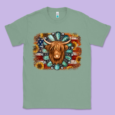 American Flag Sunflowers Highland Cow Turquoise Background Classic Tee Designed By Jasminsmagicworld