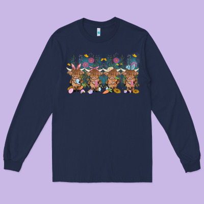 Easter Day Baby Highland Cow Long Sleeve Tee Designed By Maliassmallbusiness