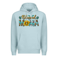 Blue Mist Western Blessed Mama with Leopard and Sunflower Premium Hoodie - texasbilliewilder