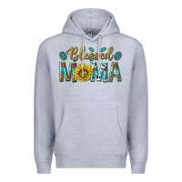 Heather Grey Western Blessed Mama with Leopard and Sunflower Premium Hoodie - texasbilliewilder