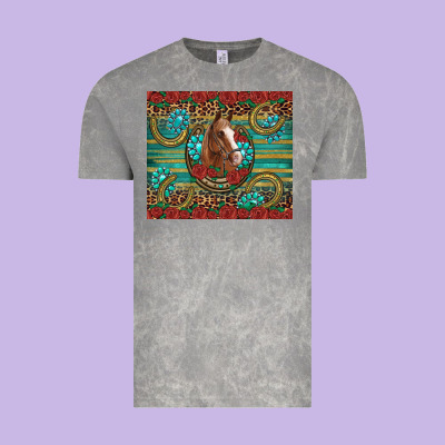 Western Horse Horseshoe Roses Gemstones Glitter Wooden Vintage Tee Designed By Artiststas