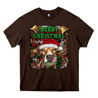 Chocolate Brown merry christmas heifer with cowbells Heavy Core Tee - RanaPortraitStore