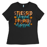 Black stressed blessed pumpkin obsessed Ladies Tee - Zillion Design Studio