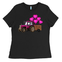 Valentine's Day Pink Tractor With Pin Heart Balloons Ladies Tee | Teevron