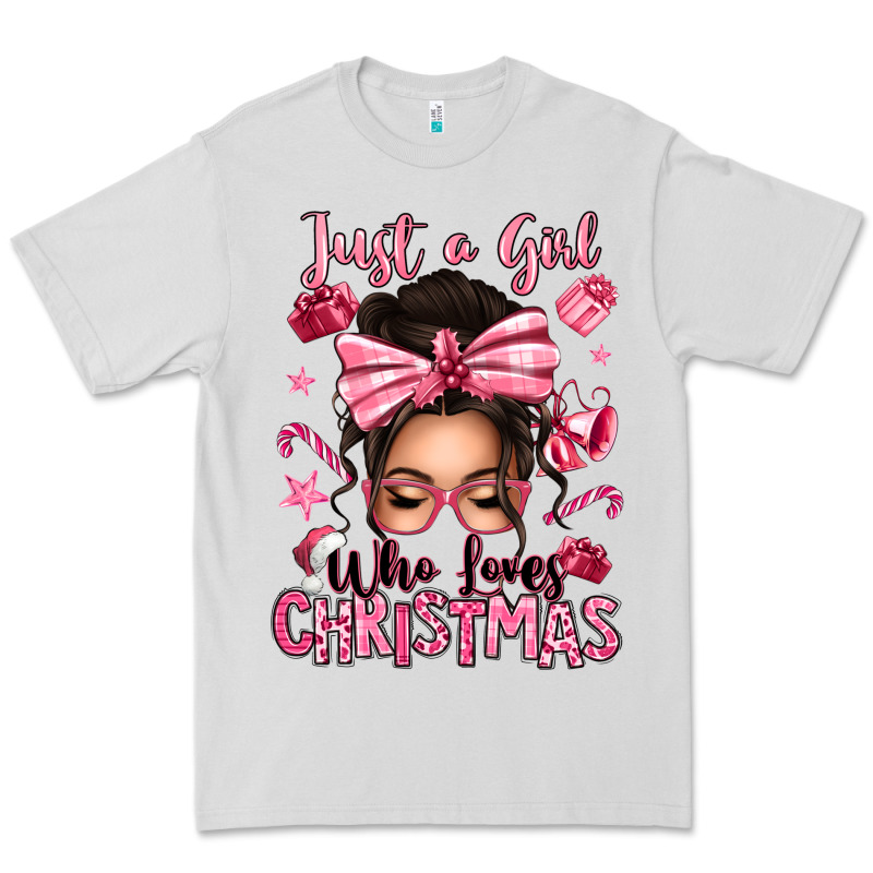 Just A Girl Who Loves Pink Christmas Messy Bun Premium Tee by texasbilliewilder | Teevron