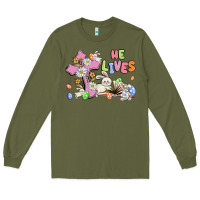 Army Green he lives with bunnys and eggs Long Sleeve Tee - MaliasSmallBusiness