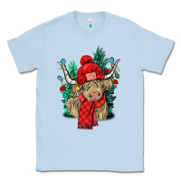 Dusty Blue Red Christmas long haired Cow Classic Tee - NancyCooperArtShop