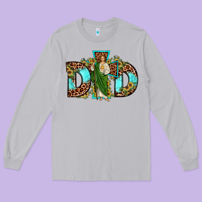 Dad San Judas Sunflower Leopard Turquoise Long Sleeve Tee Designed By Jahusdesignshop
