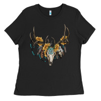 Black boho deer skull sunflowers and gemstone Ladies Tee - RanaPortraitStore