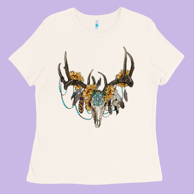 Boho Deer Skull Sunflowers And Gemstone Ladies Tee Designed By Ranaportraitstore