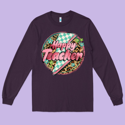 Happy Teacher Lighting Bolt Long Sleeve Tee Designed By Maliassmallbusiness