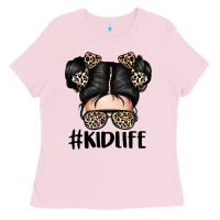 Bubblegum Pink kid life leopard messy bun Ladies Tee - texasbilliewilder