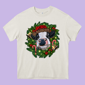 Heifer Cow With Christmas Wreath Heavy Core Tee Designed By Ranaportraitstore