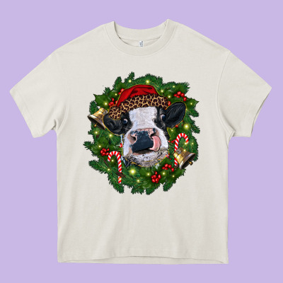 Heifer Cow With Christmas Wreath Heavy Core Tee Designed By Ranaportraitstore