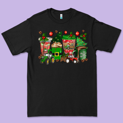 Christmas Tractor Coffee Cups Premium Tee Designed By Texasbilliewilder