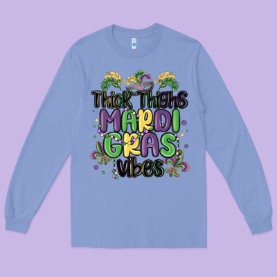 Thick Thighs Mardi Gras Vibes Long Sleeve Tee Designed By Maliassmallbusiness