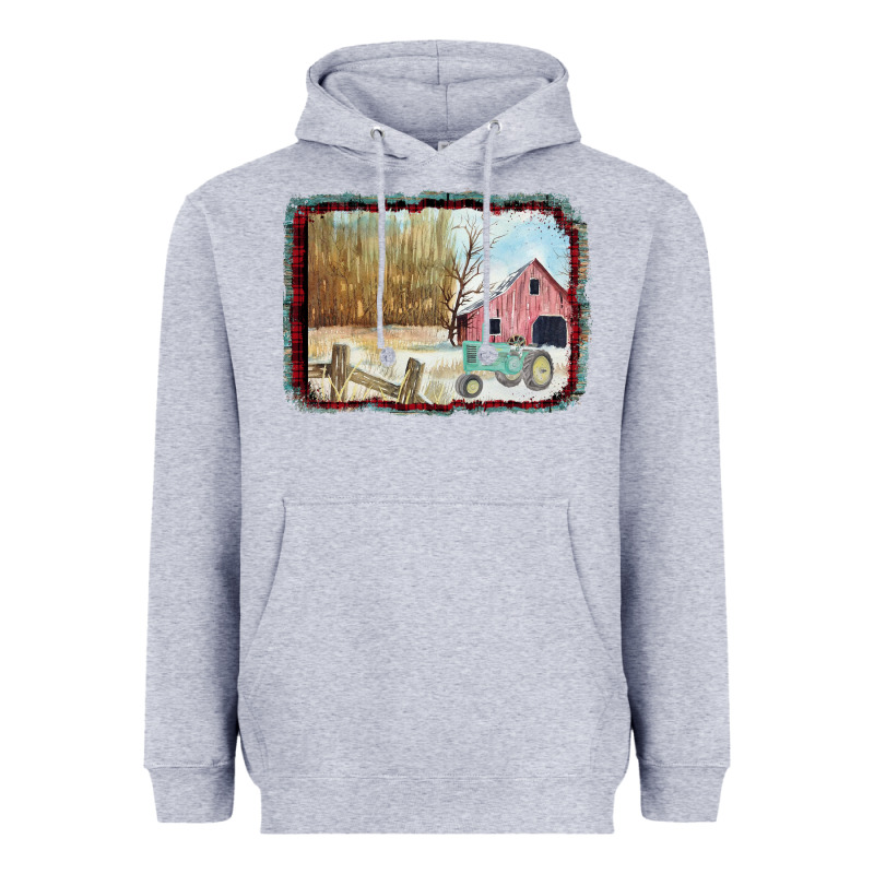 Christmas Barn Tractor Snow Heavyweight Hoodie by Bettercallsaul | Teevron