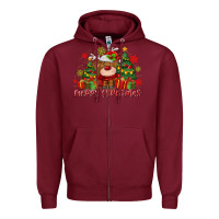 Burgundy merry christmas reindeer Zipper Hoodie - MaliasSmallBusiness