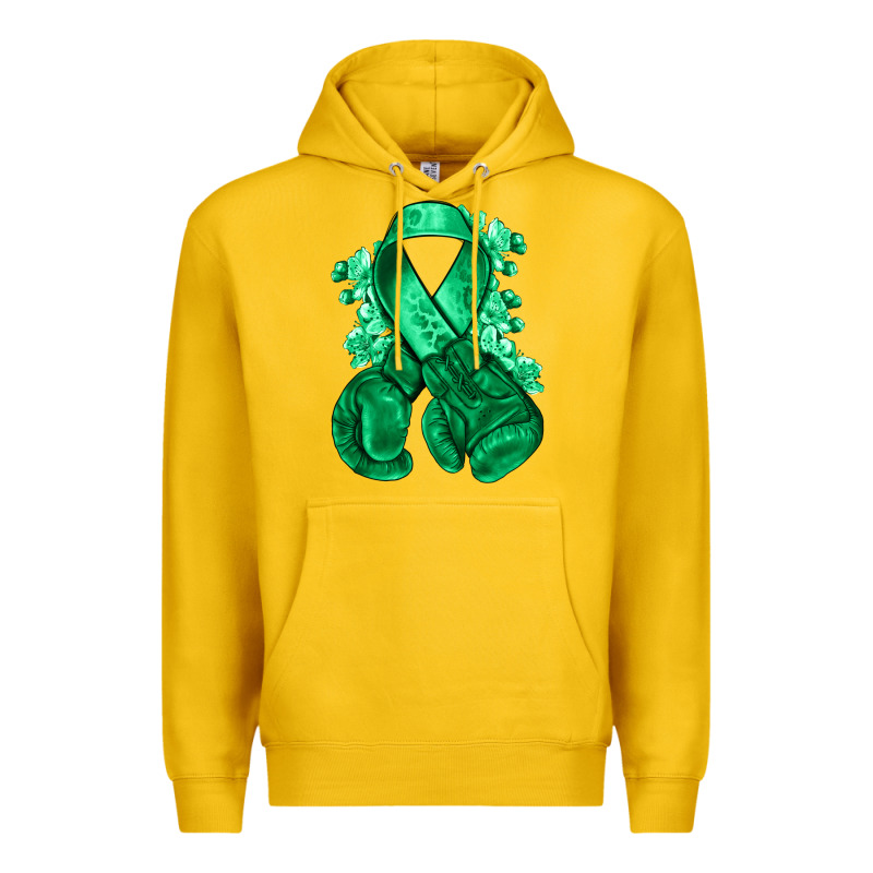 Emerald Green Ribbon Liver Cancer Boxing Gloves Premium Hoodie by NancyCooperArtShop | Teevron