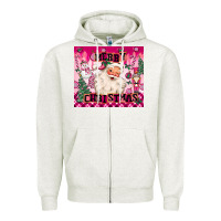 Oatmeal Heather merry pink christmas santa Zipper Hoodie - MaliasSmallBusiness