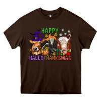 Chocolate Brown happy hallothanksmas with cow Heavy Core Tee - texasbilliewilder