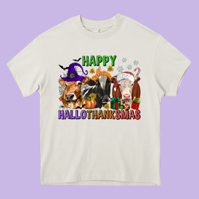 Happy Hallothanksmas With Cow Heavy Core Tee Designed By Texasbilliewilder
