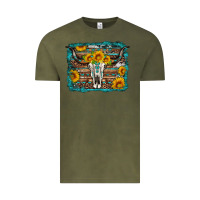 Vintage Olive longhorn bull skull western turquoise background Vintage Tee - Artiststas