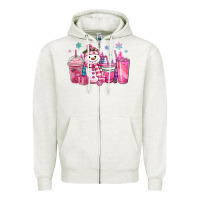 Oatmeal Heather pink christmas snowman coffee cups Zipper Hoodie - MaliasSmallBusiness