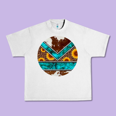 Turquoise Cowhide Leopard Sunflowers Round Urban Heavy Tee Designed By Artiststas