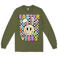 Army Green easter vibes smiley face Long Sleeve Tee - MaliasSmallBusiness