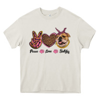 Cream peace love bulldog Heavy Core Tee - RanaPortraitStore