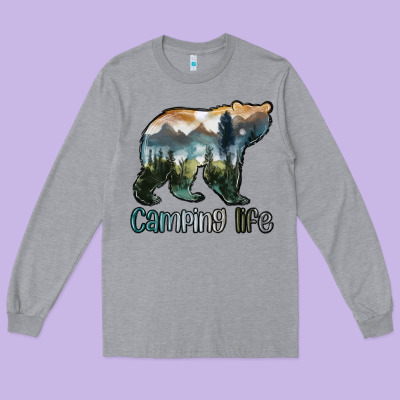 Camping Bear Long Sleeve Tee Designed By Maliassmallbusiness