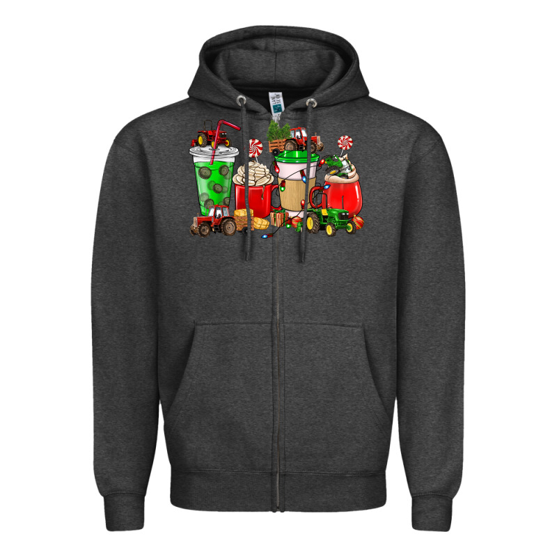 Christmas Tractor Coffee Cup Zipper Hoodie by NancyCooperArtShop | Teevron