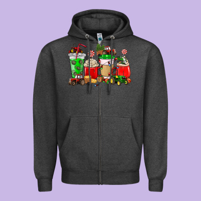 Christmas Tractor Coffee Cup Zipper Hoodie Designed By Nancycooperartshop