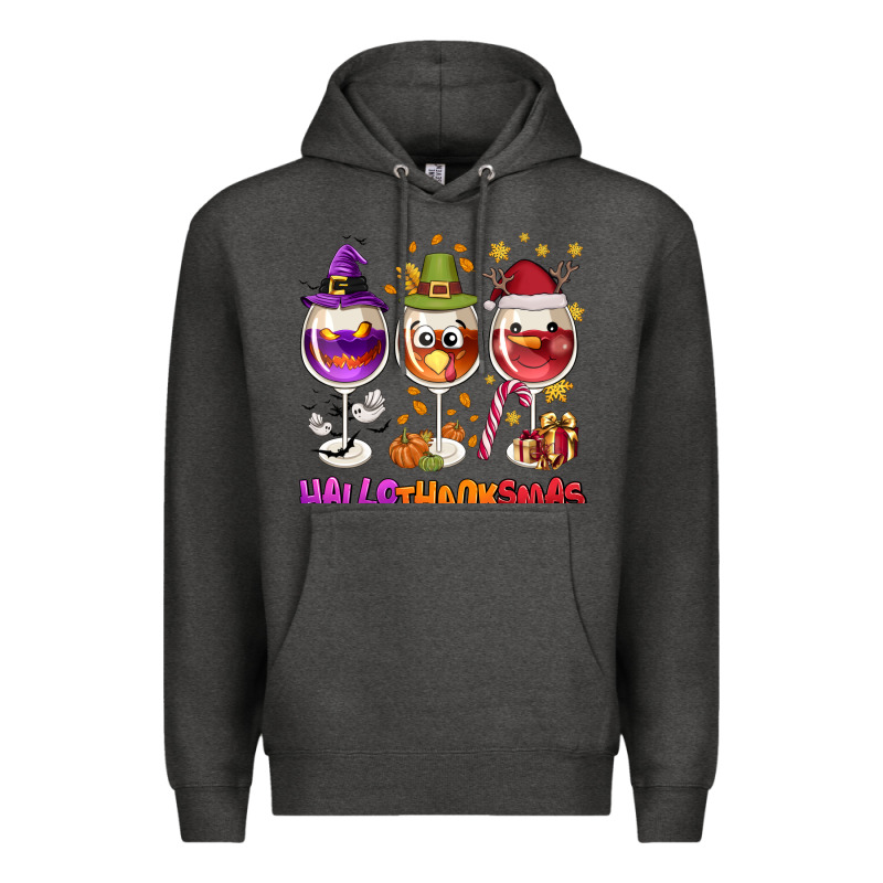Hallothanksmas Wine Glasses Premium Hoodie by NancyCooperArtShop | Teevron