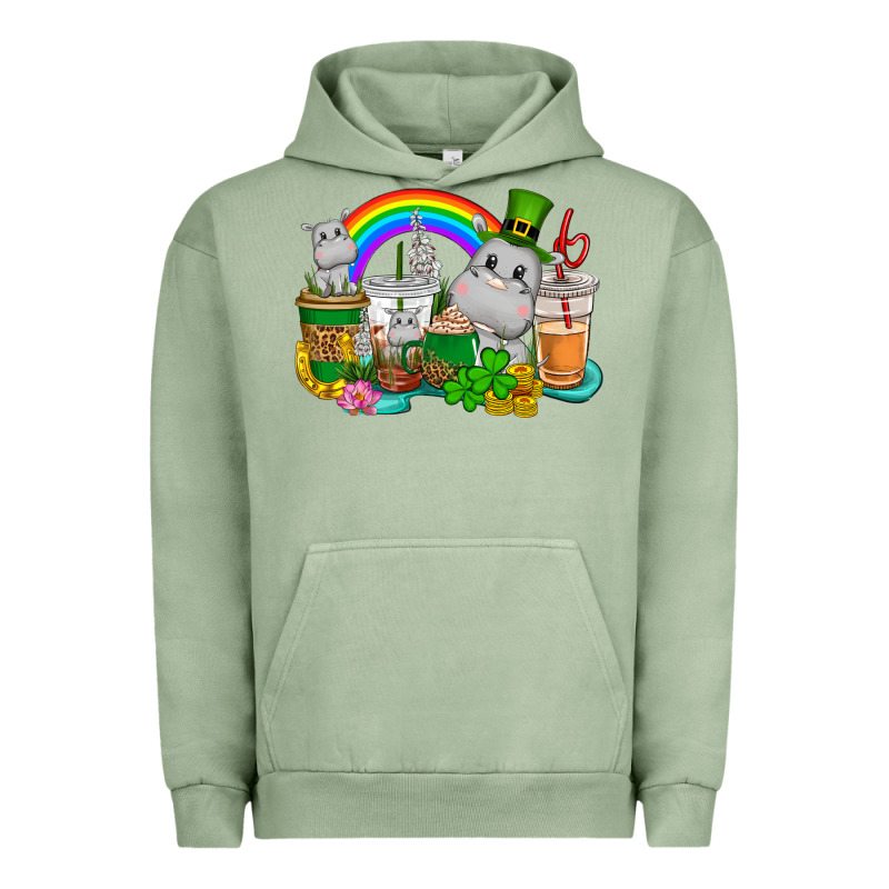 St. Patrick's Hippopotamus Coffee Cups Urban Hoodie by CowGirlArtShop | Teevron
