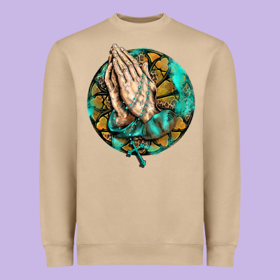 Western Praying Hands Prayer Rosary  Faith Cross Heavyweight Sweatshirt Designed By Barkaloodesign