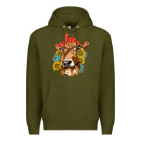 Army Green Western Cow with Sunflowers and Gemstone Premium Hoodie - texasbilliewilder