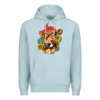 Blue Mist Western Cow with Sunflowers and Gemstone Premium Hoodie - texasbilliewilder