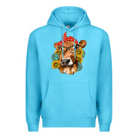 Ocean Blue Western Cow with Sunflowers and Gemstone Premium Hoodie - texasbilliewilder