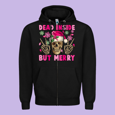 Dead Inside But Merry Pink Christmas Skeleton Zipper Hoodie Designed By Nancycooperartshop