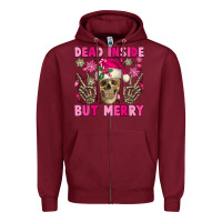 Burgundy Dead inside but merry pink Christmas skeleton Zipper Hoodie - NancyCooperArtShop